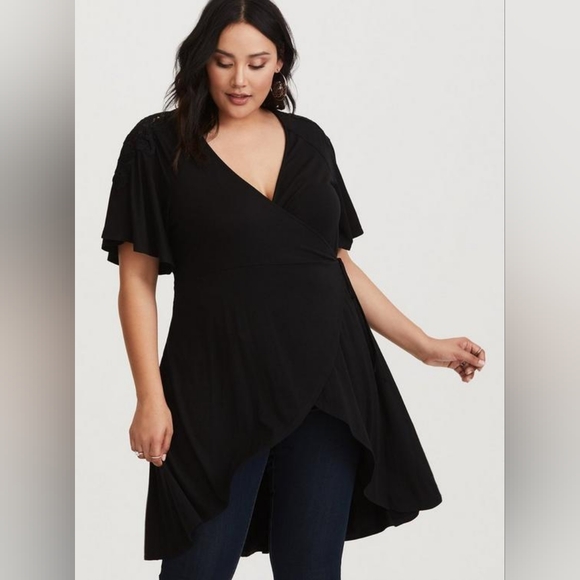 Black Crochet Trim Wrap Tunic - Picture 1 of 5